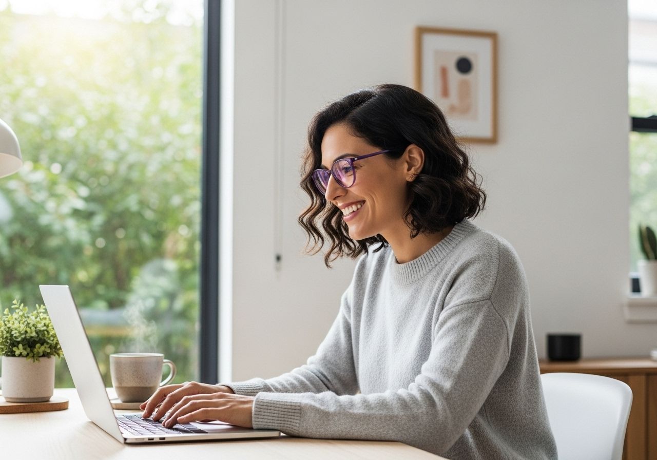 Woman using laptop with fast internet at home